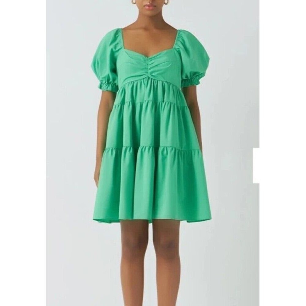 Endless Rose Classic Sweetheart Tiered Mini Dress Puff Sleeves Green Women’s S